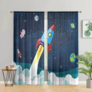 2 pieces, Galaxy Rocket Outer Space Astronaut Planet Starry Sky Curtain - Living Room, Bedroom, and Other Home Decoration W150CM H166CM&Rod pocket