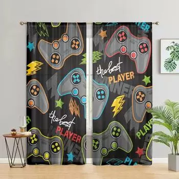 2 pieces, game controller and letter pattern curtain -30% blackout - suitable for living room, bedroom, kitchen and home decorat W150CM H166CM&Rod pocket чёрный