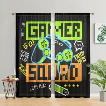 2 pieces, game controller curtains - suitable for living room, bedroom and home decoration - adding decorative fun to children. W150CM H166CM&Rod pocket чёрный