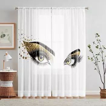2 Pieces HD Digital Long Eyelash Printed Window Valance Home Decorating Style Decorating Living Room Bedroom Rodding Curtain Eff W52H63inchW132H160cm