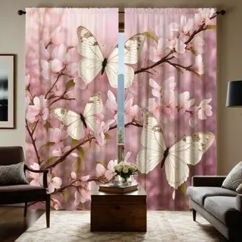 2 Pieces HD Digital Pink Butterfly Cherry Blossom Romantic Curtains Home Decorating Style Decorating Living Room Bedroom Rodding W52H63inchW132H160cm
