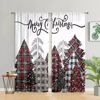 2 pieces, Merry Christmas Red Buffalo Grid Tree and Snow Forest Farmhouse Curtains - Living Room Bedroom Home Decoration W150CM H166CM&Rod pocket