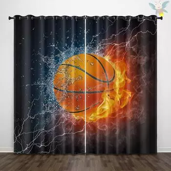 2 pieces of basketball patterned printed curtains, decorated with cartoon style water and fire for bedrooms and living rooms 140x160cm&Grommet Top