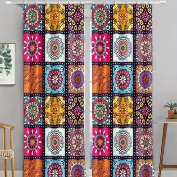2 Pieces of Bohemian Patterned Polyester Curtains, Bedroom Window Treatment, Office, Kitchen, Study, Home, Swimming Pool, Entert W150CM H166CM&Grommet Top