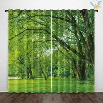 2 pieces of green forest tree pattern printed curtains, natural landscape decoration bedroom living room 150x166cm&Grommet Top