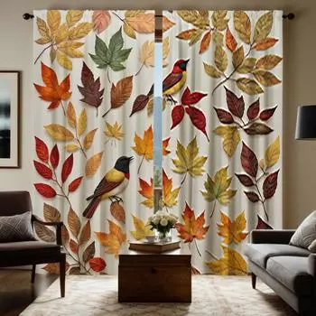 2 pieces of HD maple leaf everywhere Magpie curtains Yellow tie digital printed curtains Home decoration style Decorate living r W52H63inchW132H160cm