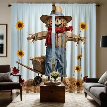 2 pieces of HD trolley next to the straw doll decorative curtain white tie digital printed curtain home decoration style decorat W52H63inchW132H160cm