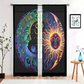 2 pieces, semi transparent curtains with sun and moon patterns - easy to hang - used for living room, bedroom, home decoration W150CM H166CM&Rod pocket