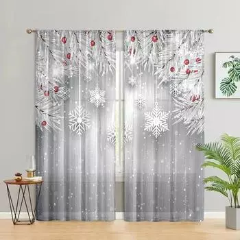 2 pieces, silver pine branch snowflake wood curtain -30% blackout - suitable for living room, bedroom, kitchen, home decoration W150CM H166CM&Rod pocket светло-серый