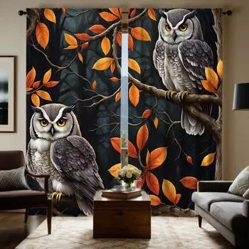 2 pieces with HD maple tree owl decorative curtain Black tie digital printed curtain Home Decoration style Decoration living roo W52H63inchW132H160cm