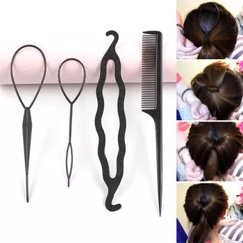 2 Sets Black Plastic Hair Styling DIY Bun Maker Tool French Braid Tail Clip Set