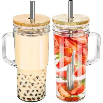 2 шт. 22 унции стеклянный стакан с деревянной крышкой Bubble Tea Холодный напиток Кофе Вино Сок Прозрачная соломинка Автомобильная кружка Посуда Бутылка для воды 22oz