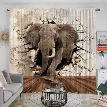 2 шт., 3D карниз с рисунком животного слона, карманные декоративные оконные шторы, оконные занавески для спальни, гостиной, домашний декор 100W130H(CM)40x51in&rod pocket