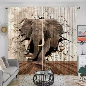 2 шт., 3D карниз с рисунком животного слона, карманные декоративные оконные шторы, оконные занавески для спальни, гостиной, домашний декор 100W130H(CM)40x51in&rod pocket