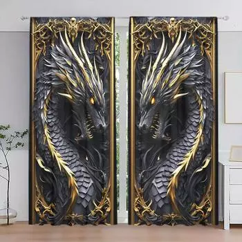 2 шт. 3D-шторы с принтом черного дракона для домашнего декора - оконные карманы с карнизом для спальни, офиса, кухни, гостиной 52.5cmX116cm X 2pcs