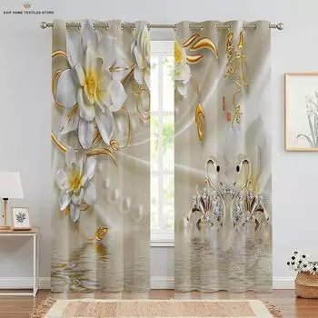 2 шт. Бабочка 3D стерео цветок печать карниз для штор карман для спальни гостиной кухни декоративные занавески легко мыть и ухаживать W50X130H(CM)X2PCS&Grommet Top