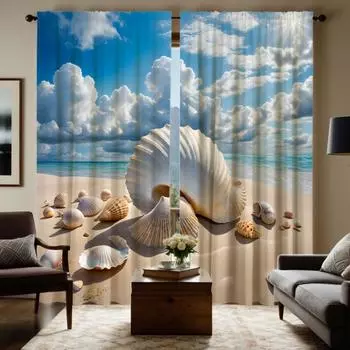 2 шт. HD Blue Sky White Cloud Beach натуральная декоративная занавеска с ракушками Синяя занавеска с цифровой печатью Домашнее украшение в стиле De W52H63inchW132H160cm