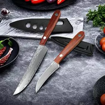 2 шт./компл. кухонный нож из дамасской стали, кованый универсальный нож шеф-повара, стейк для барбекю, мясной нож, режущий инструмент для фруктов, рыбалки, режущий инструмент с чехлом