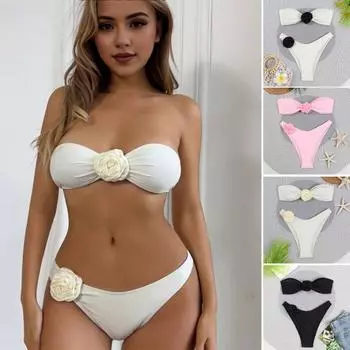 2 шт./компл. женские сексуальные трусы комплект бюстгальтер 3D цветок бандо комплект бикини высокая талия быстросохнущая S розовый