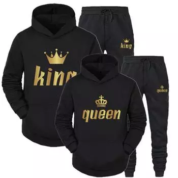 2 шт./комплект мужской KING QUEEN пара принтованный свитшот с капюшоном брюки костюмы мужчины женщины комплекты S