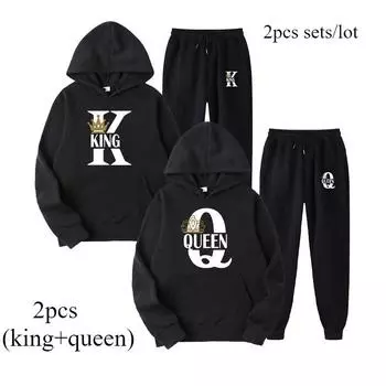 2 шт./комплект мужской KING QUEEN пара принтованный свитшот с капюшоном брюки костюмы мужчины женщины комплекты S