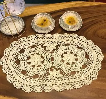 2 шт. овальный обеденный коврик крючком кружевная скатерть винтажная ручная работа вязаная крючком хлопчатобумажная скатерть с цветами One Size бежевый