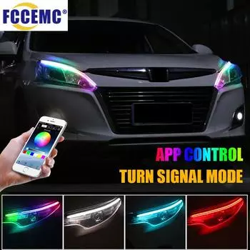 2 шт. RGB дневные ходовые огни с управлением через приложение DRL 12 В универсальная гибкая светодиодная лента с указателями поворота для фар 30cm