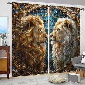 2 шт. Шторы с принтом Lion Brothers для домашнего декора - Карманные шторы для окон в спальню, офис, кухню, гостиную и кабинет 52.5cmX116cmX2pcs