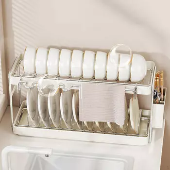 2 Tier Countertop Dish Draining Rack Organizer Kitchen with Drip Tray Space Saving Drainer 37x16.5x31cm