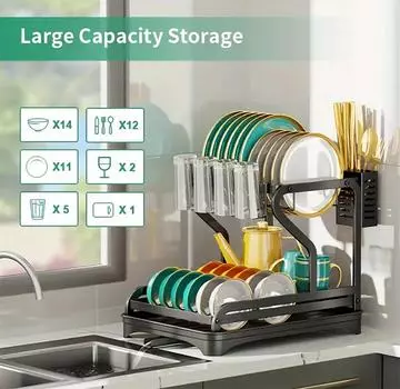 2-Tier Dish Rack with Drainboard Dish Drying Rack with Utensil and Cup Holders - Kitchen Drying Rack for Dishes, Knives Spoons
