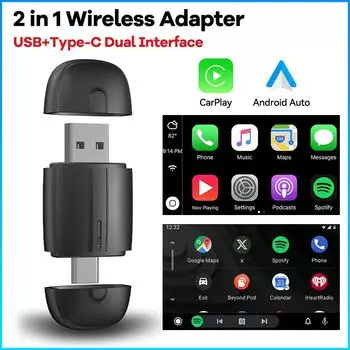 2-в-1 беспроводной адаптер CarPlay и Android Auto с двойным интерфейсом Type-C/USB Mini Box Carplay, проводное подключение к беспроводному Bluetooth Plug and Play