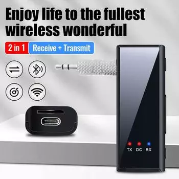 2 в 1 Bluetooth 5.4 приемник передатчик Type C зарядка автомобильный гарнитура беспроводной TF Aux 3.5 мм встроенный микрофон Bluetooth автомобильный комплект чёрный