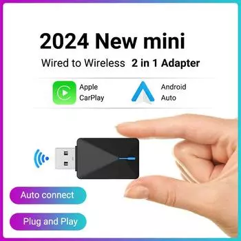 2 в 1 Мини проводной и беспроводной CarPlay и Android Auto AI Box 5 ГГц WiFi5 Скорость передачи данных Plug and Play Модный и портативный чёрный