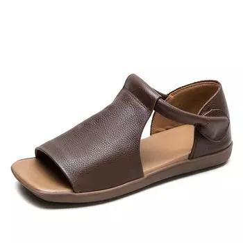2cm Sandas Cow Genuine Leather Rubber Peep Toe Hollow Ankle Hook Flats Breathable Women Boots Comfy Summer Oxfords Shoes 35 абрикосовый