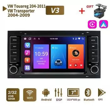 2Din 7-дюймовый Android-радио Carplay для Volkswagen Touareg Transporter T5 Multivan 2004-2011 Miltimedia Player, головное устройство с GPS-навигацией, 2 + 32 ГБ 1+32GB