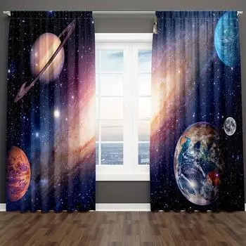 2panels Astronaut Space Universe Starry Sky Interstellar Galaxy Colorful Curtain Rod Pocket Curtain For Living Room Office Home (50Wx50H)x2(CM)&Rod Pocket