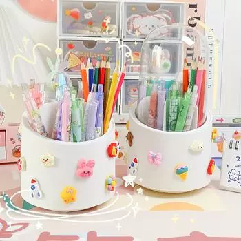 2PC 360° Rotating Makeup Brush Storage Bucket Eyebrow Pencil Dust-Proof Belt Cover Pencil Holder Storage Box Bedroom Accessories белый