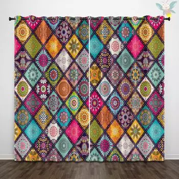 2PC fully blackout perforated polyester curtain, double-sided matte, anti pilling, soft, smooth, ethnic style, diamond grid 150x166cm&Grommet Top