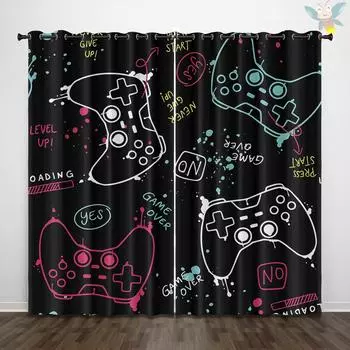 2PC game controller blackout curtains suitable for teenagers and men s bedroom, game room theme home decoration 150x166cm&Grommet Top