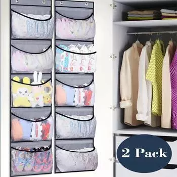 2Pc Hanging Toy Storage Bag Stretchy Multifunctional Over Door Stuffed Animal Toy Organizer with Hooks For Shoes Clothes Storage 1-5 Cells