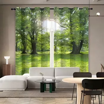 2PC high blackout perforated curtains, double-sided matte, bedroom, balcony, living room, sunny forest and natural green space 150x166cm&Grommet Top