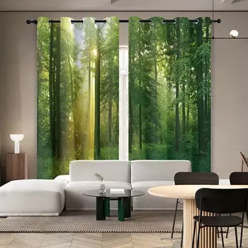 2PC high blackout perforated curtains, double-sided matte, bedroom, balcony, living room, fresh green forest print 150x166cm&Grommet Top
