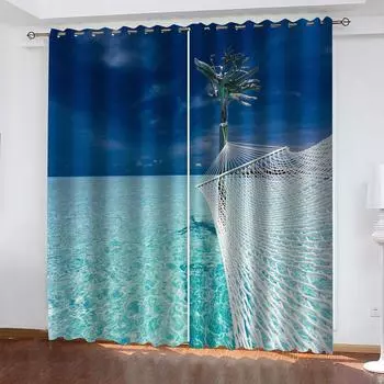 2PC Ocean Beach 3D Шторы Красивый Пейзаж Приятный Стиль Применимый Спальня Балкон Гостиная Кухня Окно Декор 50W130H(CM)X2PCS&Grommet Top