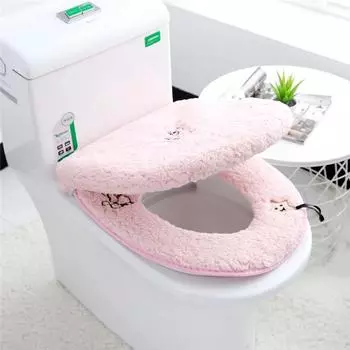 2pc/set Cartoon Toilet Seat Cushion Winter Household Plush Warm Toilet Cover Universal Waterproof Zipper Toilet Ring With Handle