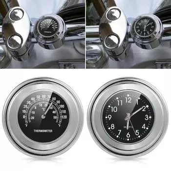 2pcs 22-25mm Motorcycle Handlebar Clock Thermometer Luminous Waterproof Dial Motorbike Handlebar Mount for Yamaha Kawasaki Etc
