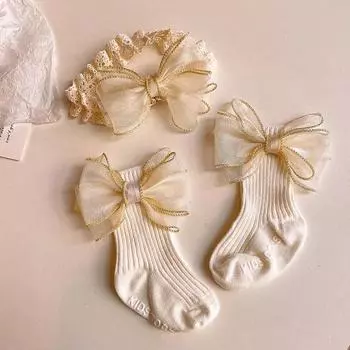 2Pcs Baby Bow Headband & Socks Set Toddler Girls Lace Print Elastic Hairband Turban Soft Solid Color Sock Kids Fashion Access 0-2 Years