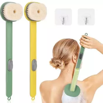 2pcs Back Scrubber for Shower, Long Handled Shower Brush w/ Soap Dispenser, Exfoliating Body Scrubber Wet/ Dry Brushing, Shower Brush- Yellow & Green