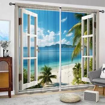2pcs Beach Scenery Printed Curtain for Home Decor - Rod Pocket Window Treatment for Bedroom,Office,Kitchen,Living Room,and Study 52.5cmX116cmX2pcs