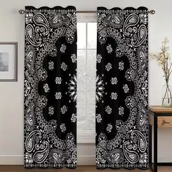 2pcs Black Floral Curtains Bohemian Mandala Flowers Window Curtain Drapes Treatment For Bedroom Living Room Home Decor 50W160H(CM)x2Panel&Hook
