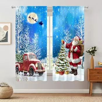 2pcs Blue Christmas Snow Scenery Curtains, Rod Pocket Santa ClausCar Printed Light Filtering Curtains For Kitchen Living Room W50 X H130(CM)X2&Hook